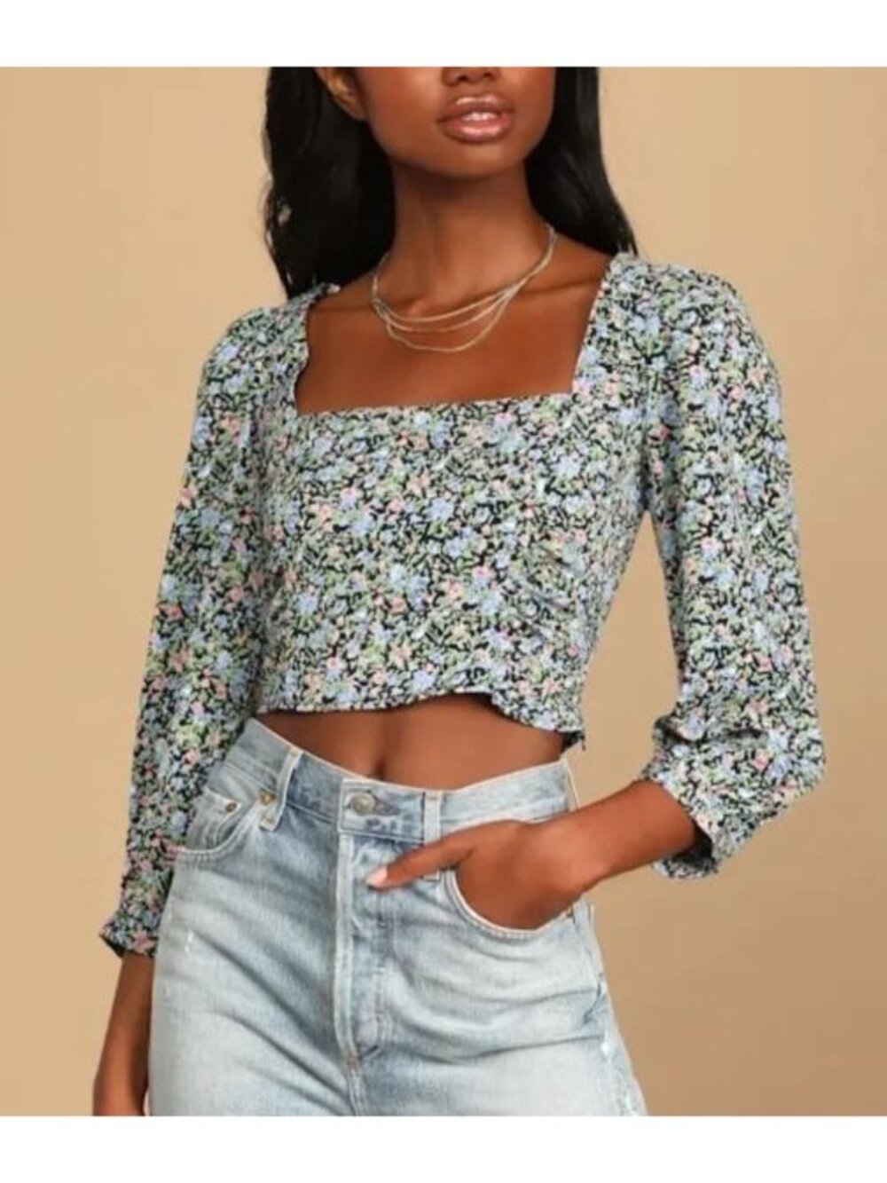 Lulus Top Womens Large Ditzy Floral Puff Sleeve Cropped Cottagecore Coquette